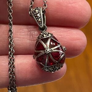 Vintage 925 Sterling CNA Thailand Red Enamel & Marcasite Egg Pendant Necklace